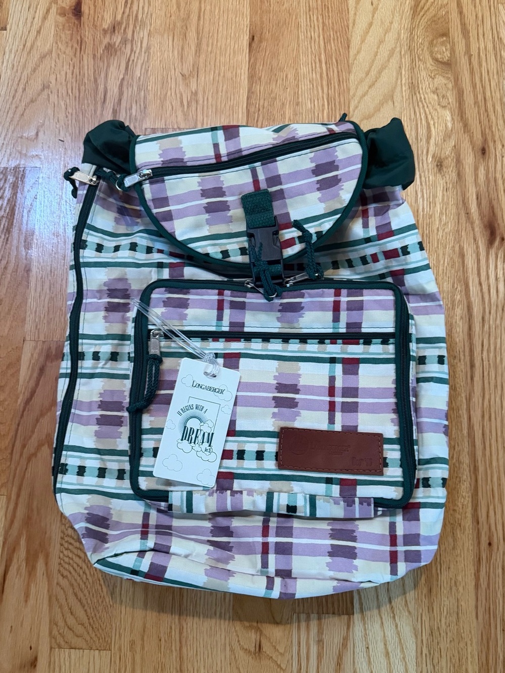 Longaberger Green and Purple Plaid Canvas Backpack with Front Pocket
